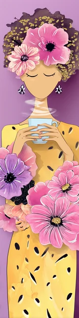 Free colorful bookmark featuring a lady sipping coffee